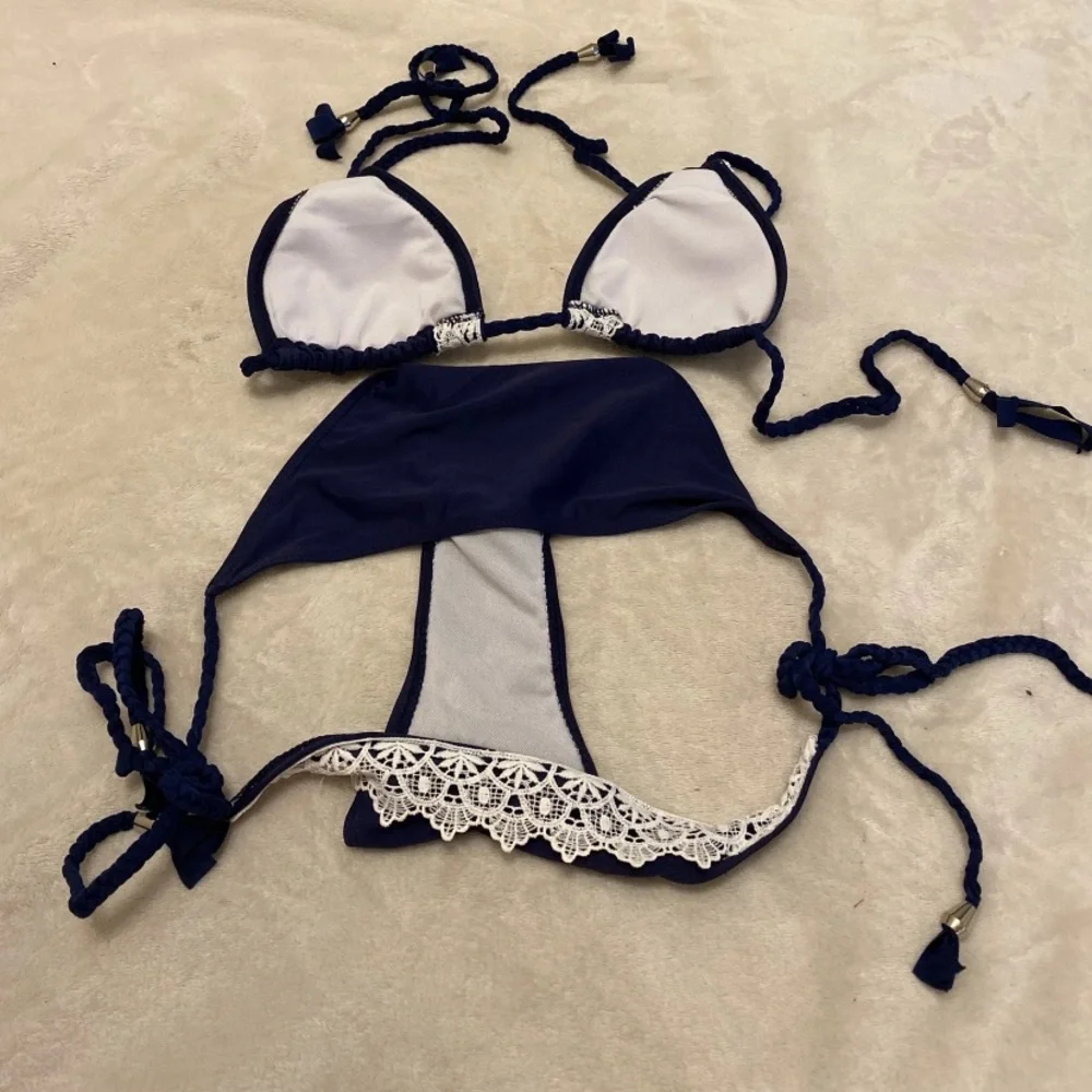 Elegant Navy Bikini with White Lace Trim